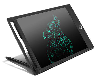 Digital drawing tablet with a parrot illustration on a white background