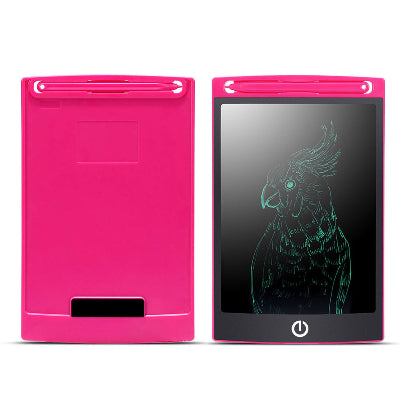 Pink electronic drawing tablet with a displayed drawing of a bird on a white background