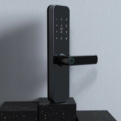 Black digital door lock on a gray background