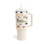 White tumbler with Halloween-themed design and 'Happy Halloween' text on a white background