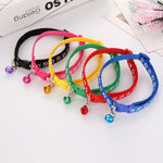 Colorful pet collars with bells on a white surface