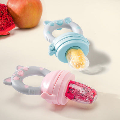 Two baby fruit feeders, one pink and one blue, with fruits inside on a light background.