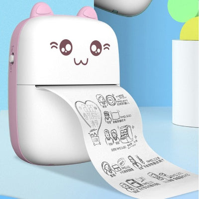 Cute cartoon-style printer with a roll of paper on a blue background