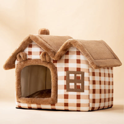 Checkered pet house with brown roof and window on a beige background