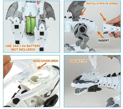 Step-by-step assembly instructions for a robot toy with battery use, wing installation, head cover opening, and water addition.