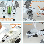 Step-by-step assembly instructions for a robot toy with battery use, wing installation, head cover opening, and water addition.