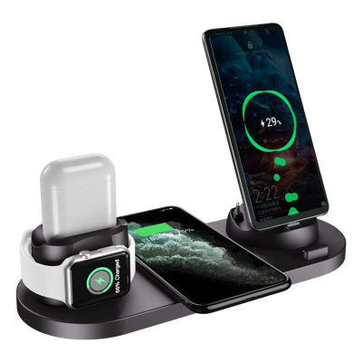 Multi-device wireless charging station with smartphone, smartwatch, and AirPods on a white background
