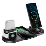 Multi-device wireless charging station with smartphone, smartwatch, and AirPods on a white background