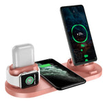 Multi-device charging station with smartphone, smartwatch, and wireless earbuds on a white background