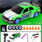 Toy car set with remote control, batteries, and accessories on a green background