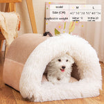 Dog inside a fluffy pet bed with size and weight information displayed.