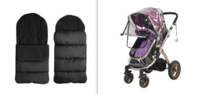 Black baby footmuff and black and purple stroller with clear cover on a white background