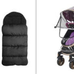 Black baby footmuff and black and purple stroller with clear cover on a white background