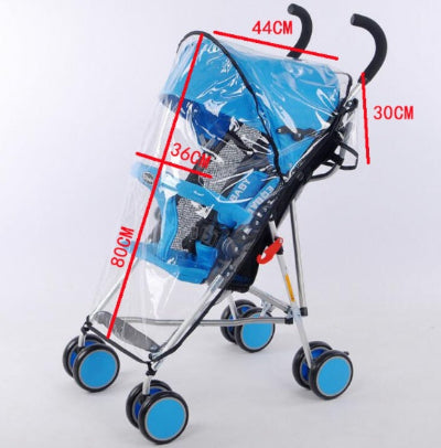 Baby stroller with clear cover and measurements on a white background