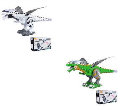 Two toy dinosaurs, one white and gray, one green and gray, with their packaging on a white background.