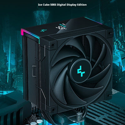 Computer cooling system with digital display on a futuristic cityscape background