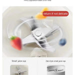 Product advertisement for a small juice cup with an upgraded 8-blade cutter head, featuring text about residue reduction and return policy.