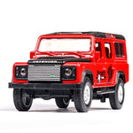 Red toy Land Rover Defender on a white background