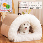 White fluffy pet bed with a dog inside on a wooden floor, with product size and weight information displayed.