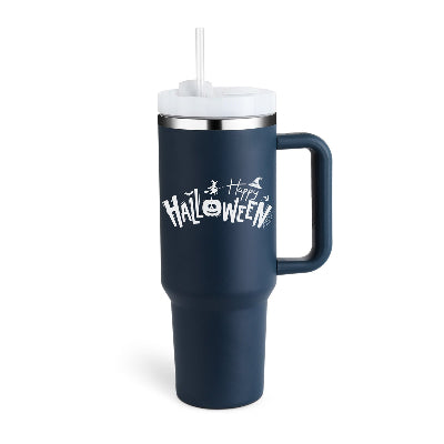 Navy blue tumbler with 'Happy Halloween' text on a white background
