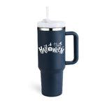 Navy blue tumbler with 'Happy Halloween' text on a white background