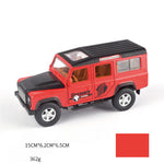 Red toy Land Rover Discovery model on a white background