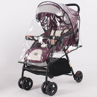Purple stroller with a clear rain cover on a white background