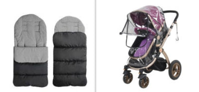 Gray and black footmuff next to a purple and beige stroller with a clear rain cover.