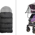 Gray and black footmuff next to a purple and beige stroller with a clear rain cover.