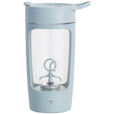 Light blue portable blender with clear container on a white background
