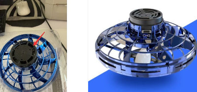 Blue and black handheld fan on a blue background