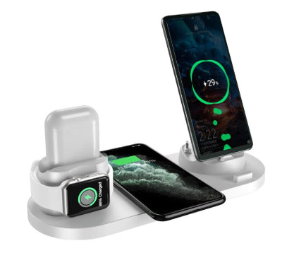 Multi-device charging station with smartphone, smartwatch, and earbuds on a white background