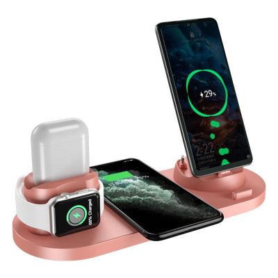 Multi-device charging stand with smartphone, smartwatch, and wireless earbuds on a white background