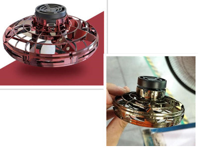 Two images of a handheld fidget spinner with red and gold colors.