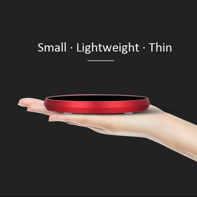 Red circular object held in a hand with 'Small, Lightweight, Thin' text on a black background