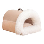 Pet bed with beige exterior and white fluffy interior on a white background