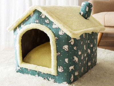 Pet house with sloth pattern on a white surface
