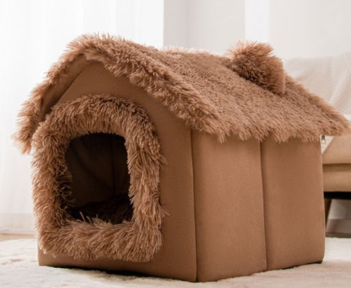 Brown pet house with fluffy texture on a light background