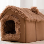 Brown pet house with fluffy texture on a light background