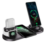 Multi-device charging station with smartphone, smartwatch, and Apple Watch on a white background