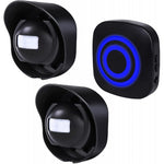 Two black spherical devices and a square device with blue light on a white background