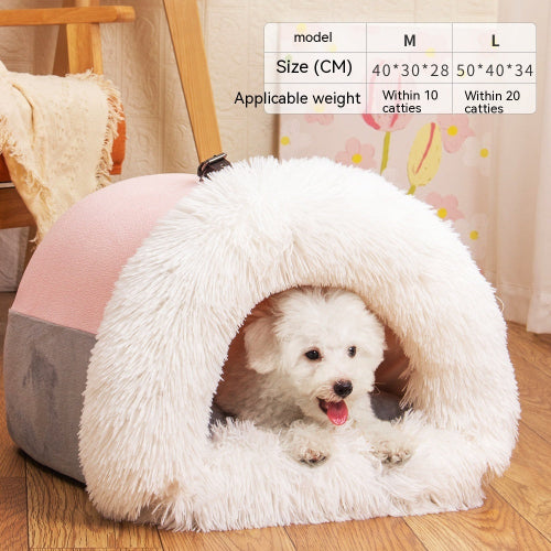 Small white dog inside a fluffy pet bed with dimensions and weight capacity displayed.