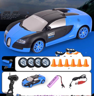 Toy car with accessories on a blue background