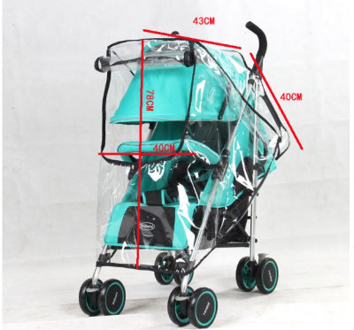 Turquoise baby stroller with clear rain cover and measurements on a white background