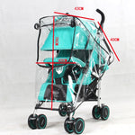 Turquoise baby stroller with clear rain cover and measurements on a white background