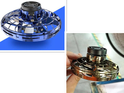 Blue and silver fidget spinner with close-up on a hand