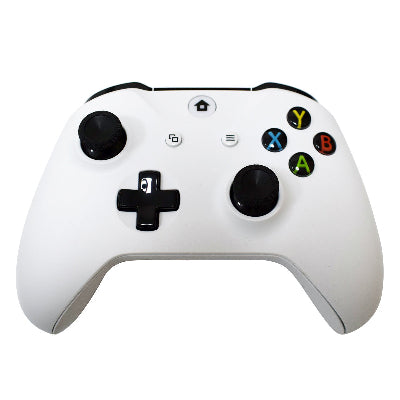 White gaming controller with black buttons on a white background