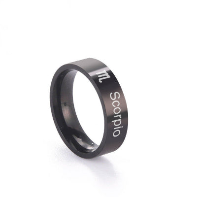 Black ring with 'Scorpio' engraving on a white background