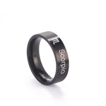 Black ring with 'Scorpio' engraving on a white background