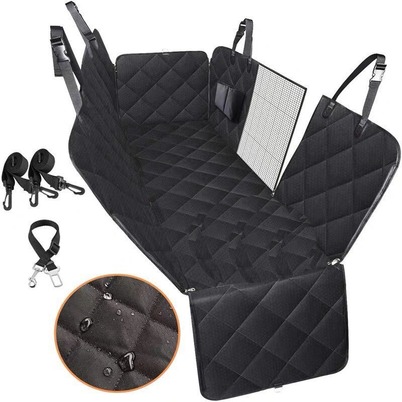 Black car bench seat cover with additional features on a white background